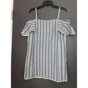 Maggy London Womens Blue White Seersucker Cold Shoulder Pom Pom Shift Dress Sz 4